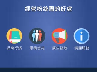 經營粉絲團的好處
品牌行銷 廣告擴散累積信徒 溝通服務
 