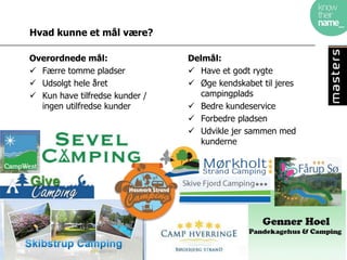 Hvad kunne et mål være?

Overordnede mål:                Delmål:
 Færre tomme pladser            Have et godt rygte
 Udsolgt hele året              Øge kendskabet til jeres
 Kun have tilfredse kunder /     campingplads
  ingen utilfredse kunder        Bedre kundeservice
                                 Forbedre pladsen
                                 Udvikle jer sammen med
                                  kunderne
 