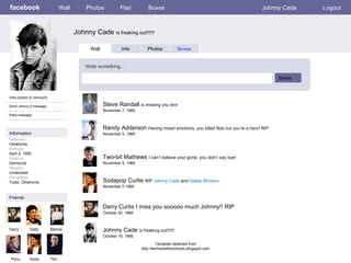 facebook Johnny Cade  is freaking out!!!!!! Wall Photos Flair Boxes Johnny Cade Logout View photos of Johnny(5) Send Johnny a message Poke message Wall Info Photos Boxes Write something… Share Information Friends Darry  Dally Marcia Pony Soda Steve Randall  is missing you bro! November 7, 1966 Tim Randy Adderson  Having mixed emotions, you killed Bob but you’re a hero! RIP November 5, 1966 Two-bit Mathews  I can’t believe your gone, you didn’t say bye! November 5, 1966 Sodapop Curtis  RIP  Johnny Cade  and  Dallas Winston November 5 1966 Darry Curtis I miss you sooooo much Johnny!! RIP October 20, 1966 Johnny Cade  is freaking out!!!!!! October 19, 1966 Template obtained from http://techtoolsforschools.blogspot.com Networks : Oklahoma Birthday: April 2, 1950 Political: Democrat Religion: Undecided Hometown: Tulsa, Oklahoma 