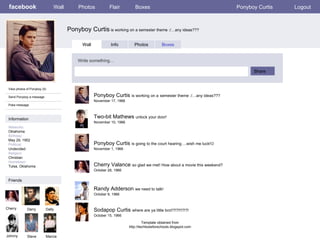 facebook Ponyboy Curtis  is working on a semester theme :/…any ideas??? Wall Photos Flair Boxes Ponyboy Curtis Logout Wall Info Photos Boxes Write something… Share Friends Cherry Darry Dally Johnny Steve Ponyboy Curtis  is working on a   semester theme :/…any ideas??? November 17, 1966 Marcia Two-bit Mathews  unlock your door! November 10, 1966 Ponyboy Curtis  is going to the court hearing….wish me luck!  November 1, 1966 Cherry Valance  so glad we met! How about a movie this weekend? October 28, 1966 Randy Adderson  we need to talk! October 9, 1966 Sodapop Curtis  where are ya little bro!!?!?!!!?!?! October 15, 1966 Template obtained from http://techtoolsforschools.blogspot.com View photos of Ponyboy (5) Send Ponyboy a message Poke message Information Networks : Oklahoma Birthday: May 29, 1952 Political: Undecided Religion: Christian Hometown: Tulsa, Oklahoma 