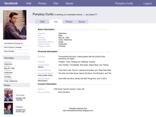 facebook Ponyboy Curtis  is working on a semester theme :/…any ideas??? Personal Information Wall Photos Flair Boxes Ponyboy Curtis Logout View photos of Ponyboy (5) Send Ponyboy a message Poke message Wall Info Photos Boxes Basic Information Information Networks : Oklahoma Birthday: May 29, 1952 Political: Undecided Religion: Christian Hometown: Tulsa, Oklahoma Photos Networks:     Oklahoma. Sex:     Male Birthday:     May 29, 1952 Hometown:     Tulsa, Oklahoma Relationship Status:   Single Political Views:   Undecided Religious Views:   Christian Activities:     Commanding the Army, making peace with the Soviet Union,    promoting civil rights,  Interests:   Football, Track, Hanging out, Reading, Sunsets Favorite Music:   Elvis Presley, The Beatles, Bob Dylan, Beach Boys, and  Rolling Stones Favorite Movies:   Cool Hand Luke, Pyscho, Lawrence of Arabia, and  West Side Story Favorite TV Shows:   The Dick Van Dyke Show, Benny Hill Show, The Munster's, and The Andy Griffith Show Favorite Books:   Gone With the Wind, Where the Wild Things Are, and To Kill a Mockingbird The Family Updated last Tuesday 2 Albums Greasers Updated two months ago Contact Information Address: 1746 South Harvard Avenue, Tulsa, OK  Phone Number:   (918) 742-9910 Template obtained from http://techtoolsforschools.blogspot.com 