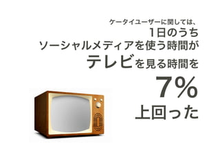 ケータイユーザーに関しては、
          1日のうち
ソーシャルメディアを使う時間が
    テレビを見る時間を
             7％
         上回った
 
