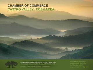 CHAMBER OF COMMERCE CASTRO VALLEY / EDEN AREA
Ashland • Castro Valley • Cherryland • San Lorenzo
Reailize your business or
organizational goals with
the Chamber today!
www.edenareachamber.com
CHAMBER OF COMMERCE
CASTRO VALLEY / EDEN AREA
 