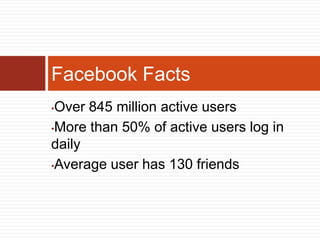 Facebook Facts
•Over 845 million active users
•More than 50% of active users log in

daily
•Average user has 130 friends
 