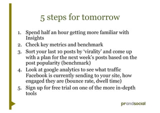 5 steps for tomorrow
1.  Spend half an hour getting more familiar with
    Insights
2.  Check key metrics and benchmark
3.  Sort your last 10 posts by ‘virality’ and come up
    with a plan for the next week’s posts based on the
    post popularity (benchmark)
4.  Look at google analytics to see what traffic
    Facebook is currently sending to your site, how
    engaged they are (bounce rate, dwell time)
5.  Sign up for free trial on one of the more in-depth
    tools
 