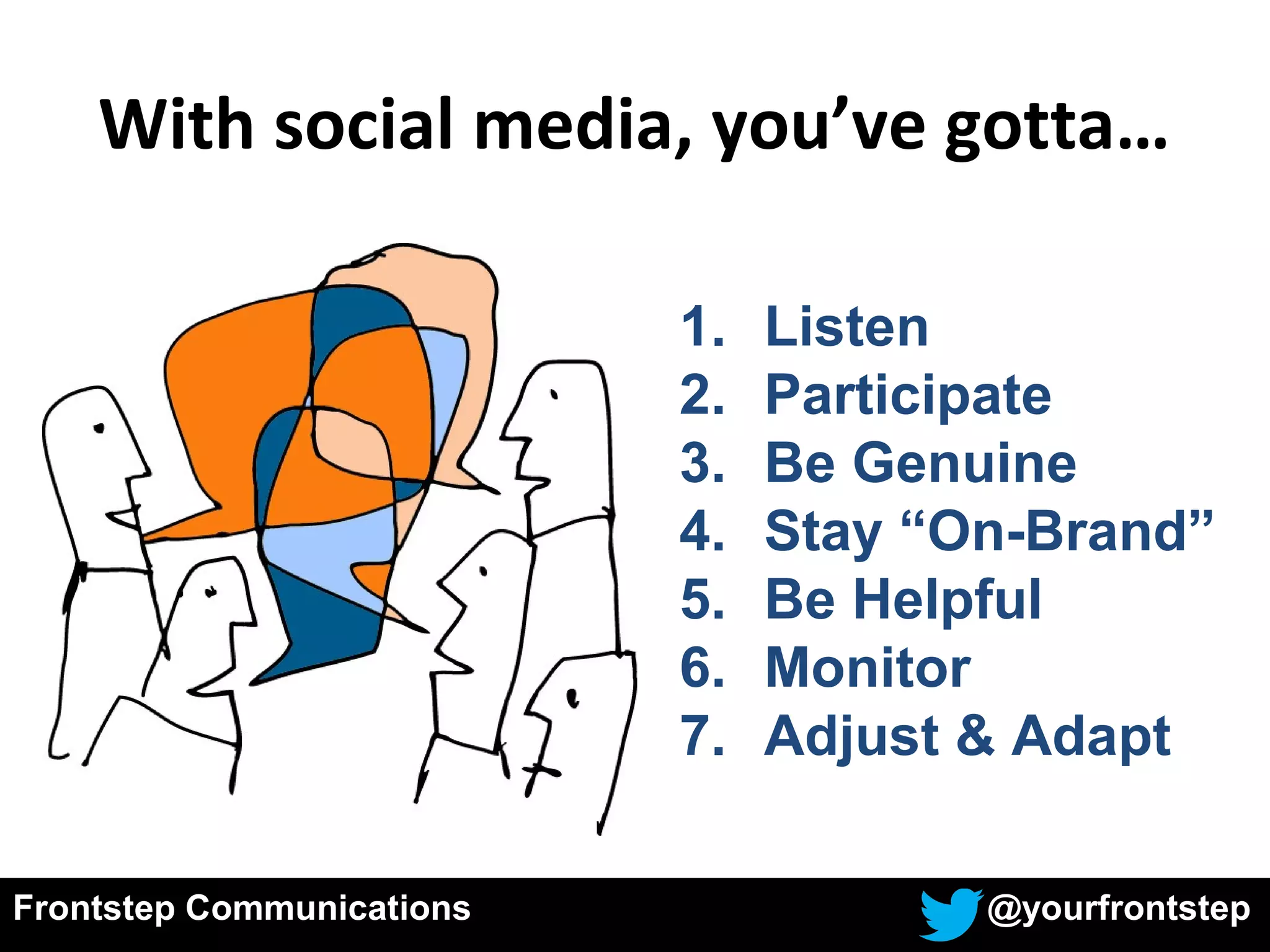 With social media, you’ve gotta…
1. Listen
2. Participate
3. Be Genuine
4. Stay “On-Brand”
5. Be Helpful
6. Monitor
7. Adjust & Adapt
Frontstep Communications @yourfrontstep
 