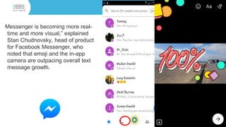 Messenger is becoming more real-
time and more visual,” explained
Stan Chudnovsky, head of product
for Facebook Messenger, who
noted that emoji and the in-app
camera are outpacing overall text
message growth.
 