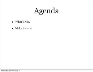 Agenda
• What’s New
• Make it visual
Wednesday, September 25, 13
 