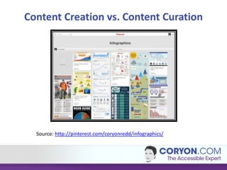 Content Creation vs. Content Curation
Source: http://pinterest.com/coryonredd/infographics/
 