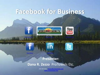 Facebook for Business   Pro Towels Etc. Pro Towels Etc. Pro Towels Etc. Dana Zezzo Dana Zezzo Dana Zezzo Presenter: Dana R. Zezzo  ProTowels Etc. 440-344-5933| dzezzo@protowelsetc.com www.protowelsetc.com 