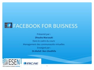 FACEBOOK FOR BUISNESS
Présenté par :
Dhouha Marzouki
Dans le cadre du cours
Management des communautés virtuelles
Enseigné par :
Dr.Mehdi Ben Ghedhifa
1
 