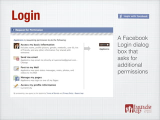 Login
        A Facebook
        Login dialog
        box that
        asks for
        additional
        permissions
 