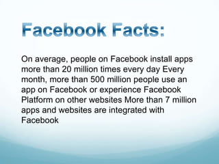 Facebook Facts:On average, people on Facebook install apps more than 20 million times every day Every month, more than 500 million people use an app on Facebook or experience Facebook Platform on other websites More than 7 million apps and websites are integrated with Facebook