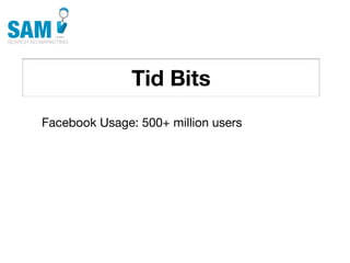 Tid Bits
    Searching is the second
    most common activity
    online




Facebook Usage: 500+ million users
 