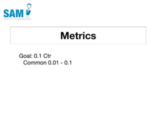 Metrics
    Searching is the second
    most common activity
    online




Goal: 0.1 Ctr
 Common 0.01 - 0.1
 