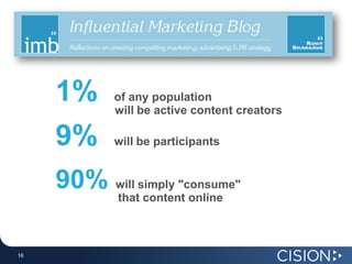 1%     of any population
            will be active content creators

     9%     will be participants


     90% will simply "consume"
         that content online



16
16
 