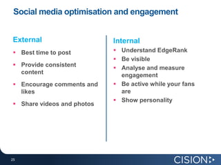 Social media optimisation and engagement


External                    Internal
 Best time to post          Understand EdgeRank
                             Be visible
 Provide consistent         Analyse and measure
  content                     engagement
 Encourage comments and     Be active while your fans
  likes                       are
                             Show personality
 Share videos and photos




25
25
 