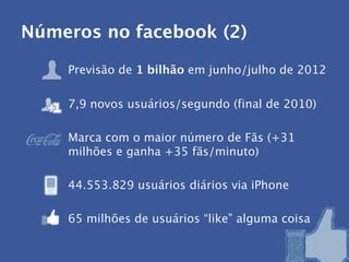 Números no facebook (2)

    Previsão de 1 bilhão em junho/julho de 2012

    7,9 novos usuários/segundo (final de 2010)

    Marca com o maior número de Fãs (+31
    milhões e ganha +35 fãs/minuto)

    44.553.829 usuários diários via iPhone

    65 milhões de usuários “like” alguma coisa
 