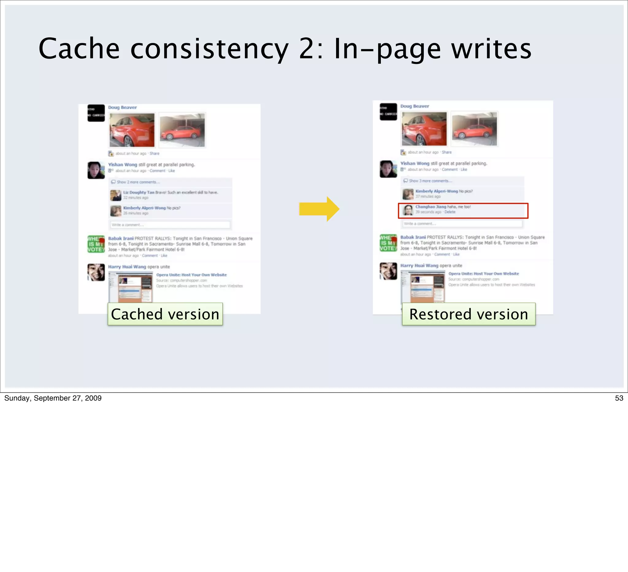 Cache consistency 2: In-page writes




                             Cached version   Restored version




Sunday, September 27, 2009                                       53
 