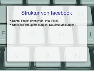 Struktur von facebook Konto, Profile (Pinnwand, Info, Foto), Startseite (Hauptmeldungen, Neueste Meldungen), 