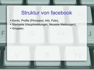 Struktur von facebook Konto, Profile (Pinnwand, Info, Foto), Startseite (Hauptmeldungen, Neueste Meldungen), Gruppen, 