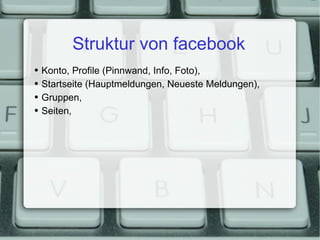 Struktur von facebook Konto, Profile (Pinnwand, Info, Foto), Startseite (Hauptmeldungen, Neueste Meldungen), Gruppen, Seiten, 