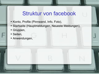 Struktur von facebook Konto, Profile (Pinnwand, Info, Foto), Startseite (Hauptmeldungen, Neueste Meldungen), Gruppen, Seiten, Anwendungen, 