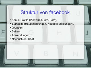 Struktur von facebook Konto, Profile (Pinnwand, Info, Foto), Startseite (Hauptmeldungen, Neueste Meldungen), Gruppen, Seiten, Anwendungen, Nachrichten, Chat, 