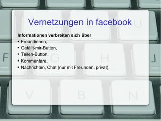 Vernetzungen in facebook Informationen verbreiten sich über Freundinnen, Gefällt-mir-Button, Teilen-Button, Kommentare, Nachrichten, Chat (nur mit Freunden, privat), 