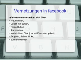 Vernetzungen in facebook Informationen verbreiten sich über Freundinnen, Gefällt-mir-Button, Teilen-Button, Kommentare, Nachrichten, Chat (nur mit Freunden, privat), Gruppen, Seiten, Links, Suchefunktionen 