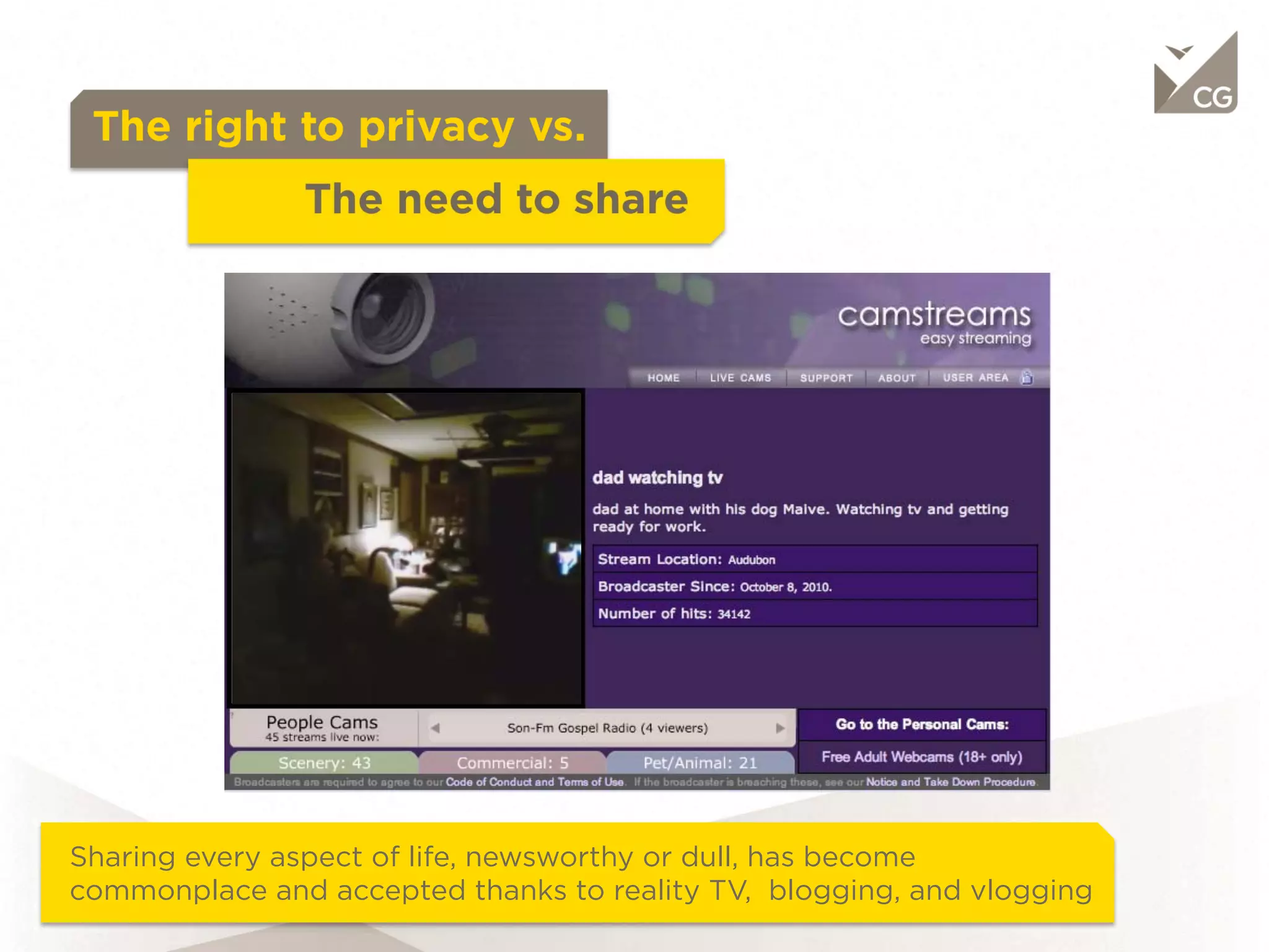 The right to privacy vs.
                          The need to share




Sharing every aspect of life, newsworthy or dull, has become commonplace
and accepted thanks to reality TV, blogging, and vlogging
 