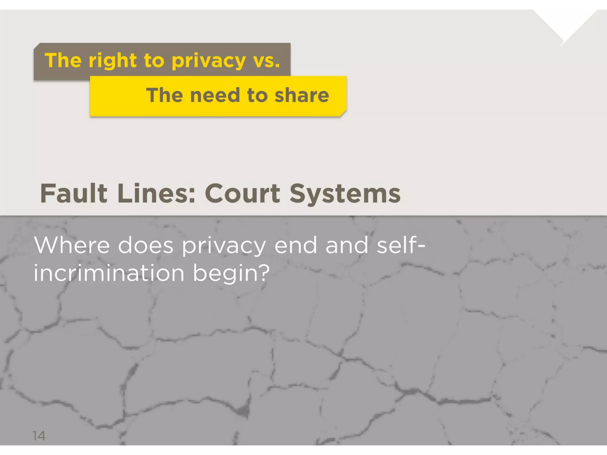 The right to privacy vs.
               The need to share



Fault Lines: Court Systems

Where does privacy end and
self-incrimination begin?
 