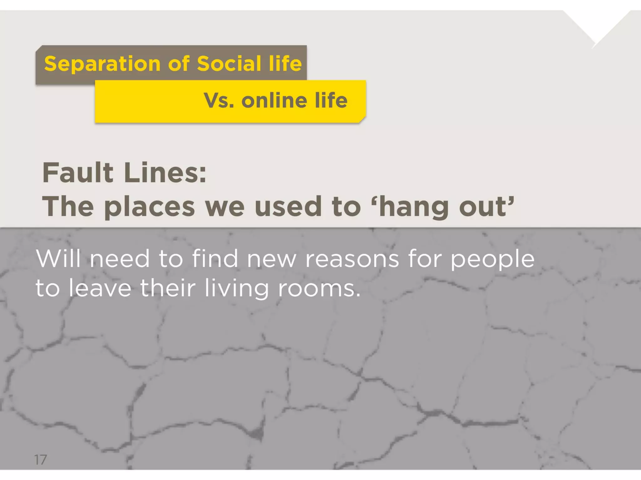 Separation of Social life
                    Vs. online life



Fault Lines: The places we used to ‘hang out’

Will need to ﬁnd new reasons for
people to leave their living rooms.
 