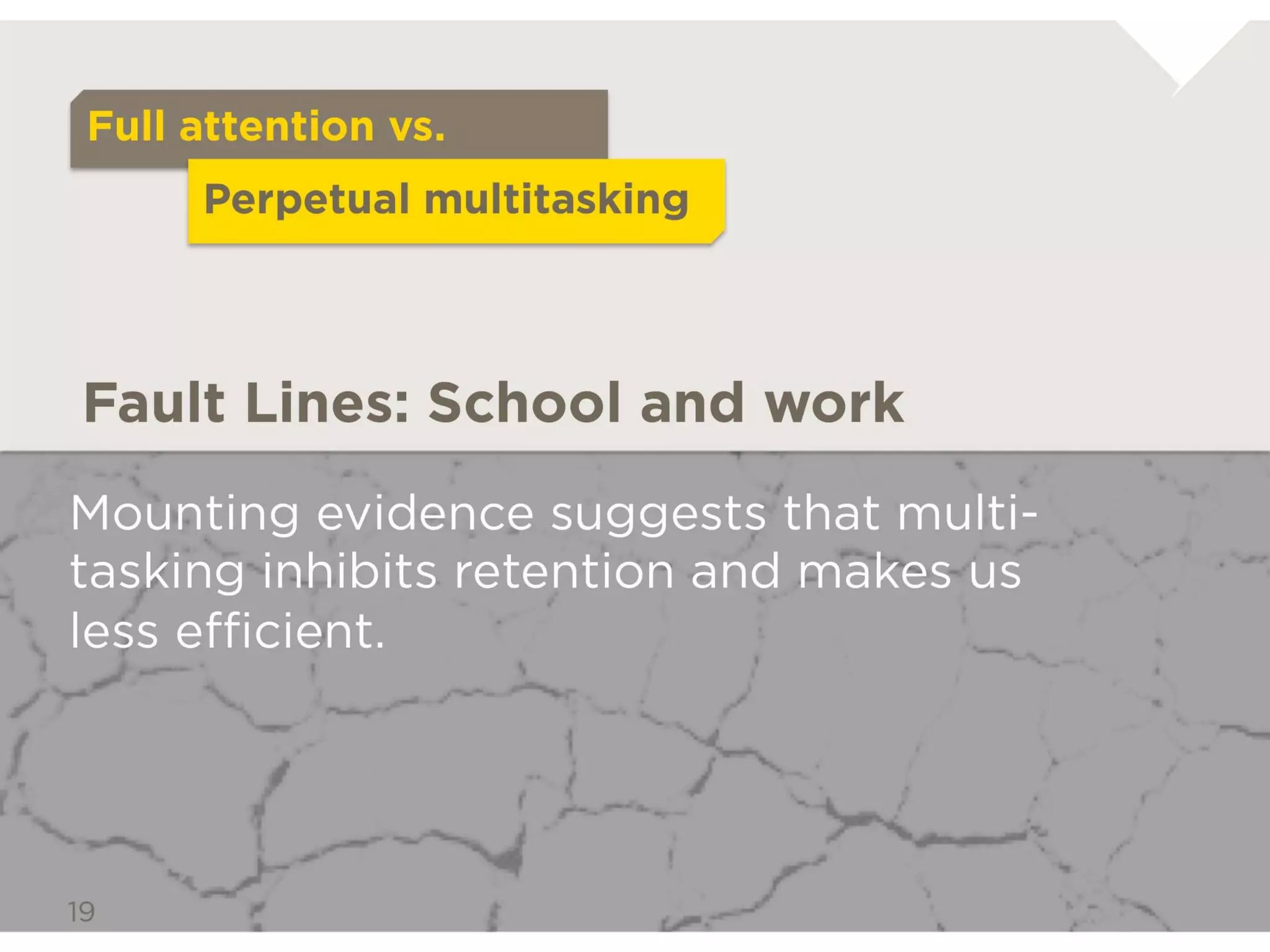 Full attention vs.
           Perpetual multitasking



Fault Lines: School and work

Mounting evidence suggests that
multi-tasking inhibits retention and
makes us less efficient.
 