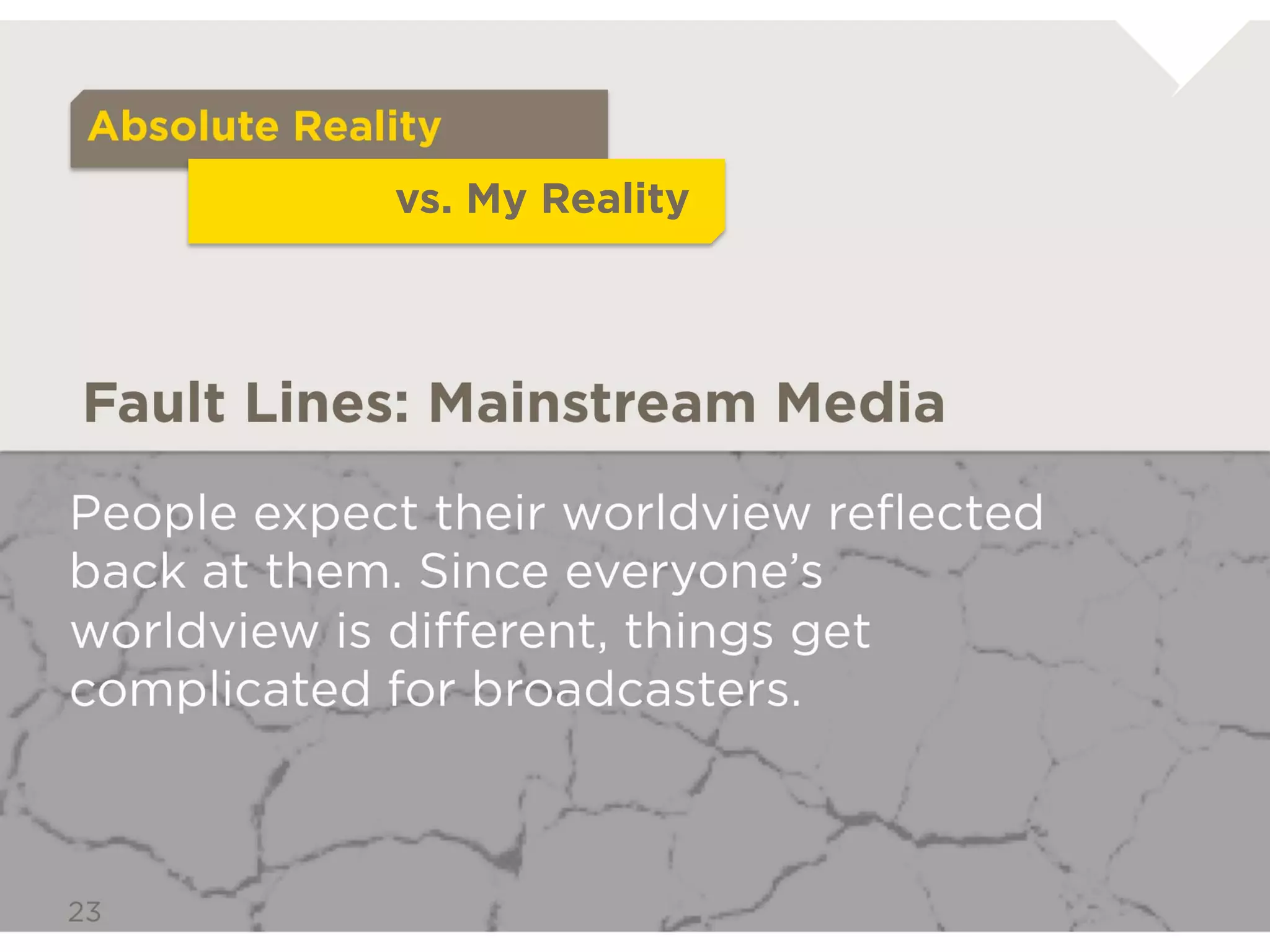 Absolute Reality
                   vs. My Reality



Fault Lines: Mainstream Media

People expect their worldview reﬂected back at
them. Since everyone’s worldview is different,
things get complicated for broadcasters.
 