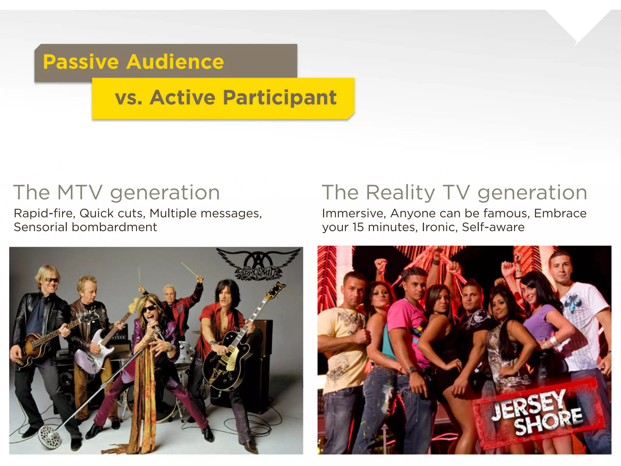 Passive Audience
                     vs. Active Participant

The MTV generation                          The Reality TV generation
Rapid-ﬁre, Quick cuts, Multiple messages,   Immersive, Anyone can be famous, Embrace
Sensorial bombardment                       your 15 minutes, Ironic, Self-aware
 