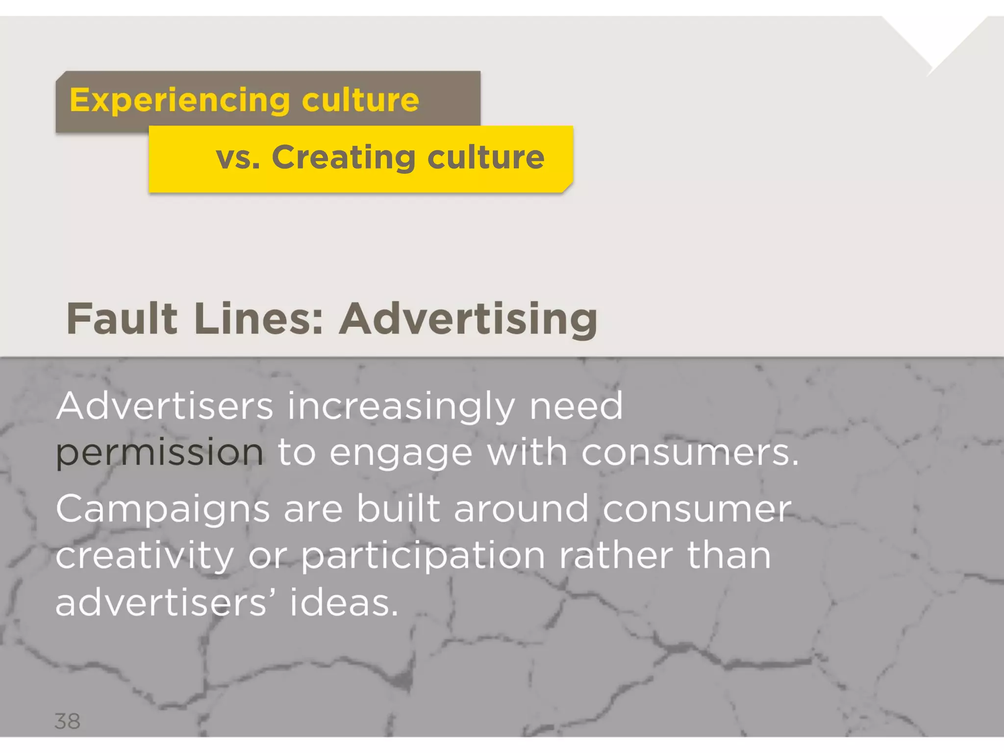 Passive Audience
           vs. Active Participant



Fault Lines: Advertising

Advertisers increasingly need permission to
engage with consumers.
Campaigns are built around consumer
creativity or participation rather than
advertisers’ ideas.
 