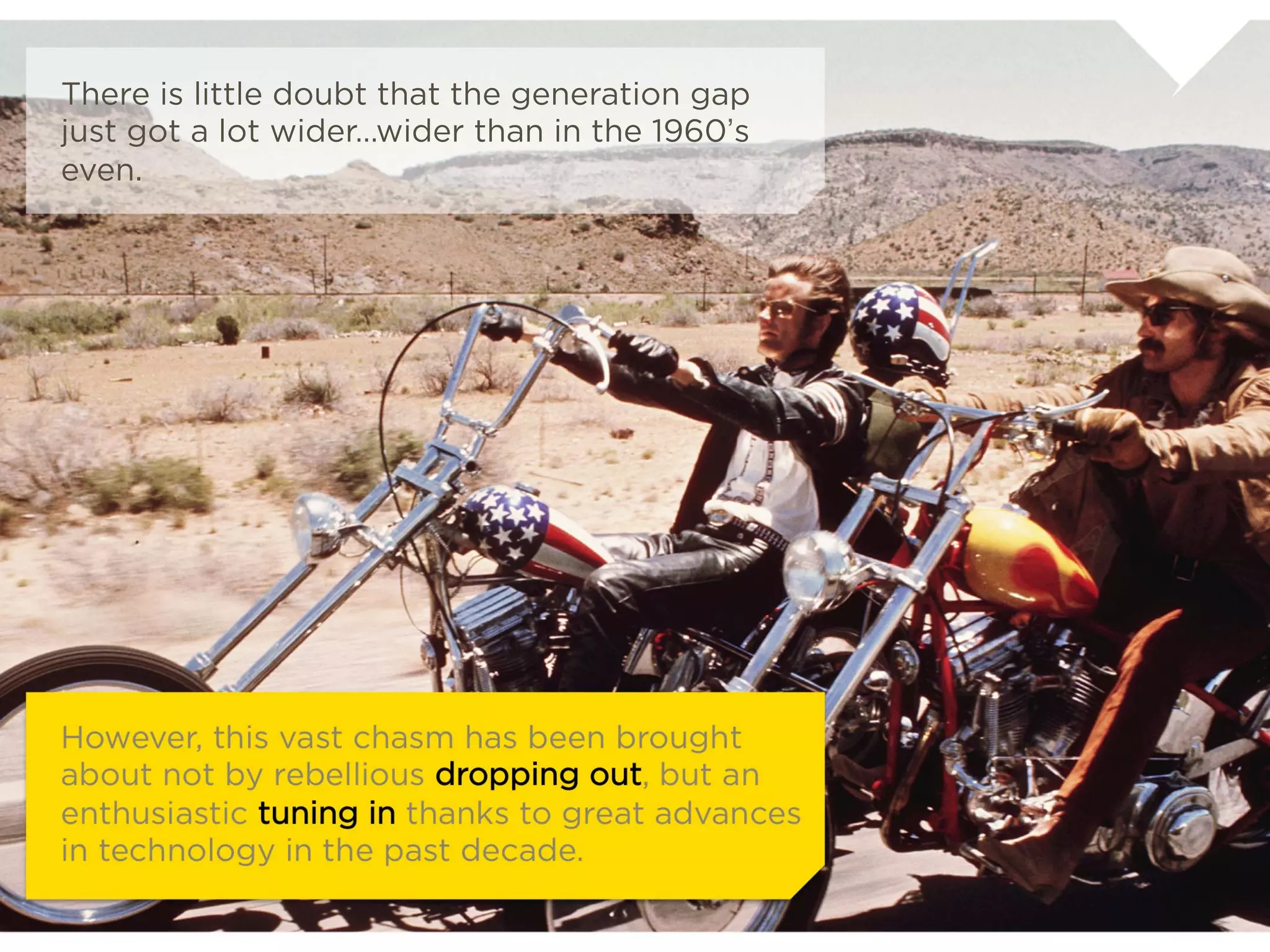 There is little doubt that the generation
   gap just got a lot wider…wider than in
   the 1960’s even.


                                                       In fact, we do hear echoes
                                                       of similar fears
                                                       Collapse of established order, weird
                                                       new past-times, and the ever-present
                                                       danger of sex, sex, sex threatening
                                                       our children.




However, this vast chasm has been brought about not by
rebellious dropping out, but an enthusiastic tuning in thanks
to great advances in technology in the past decade.
 