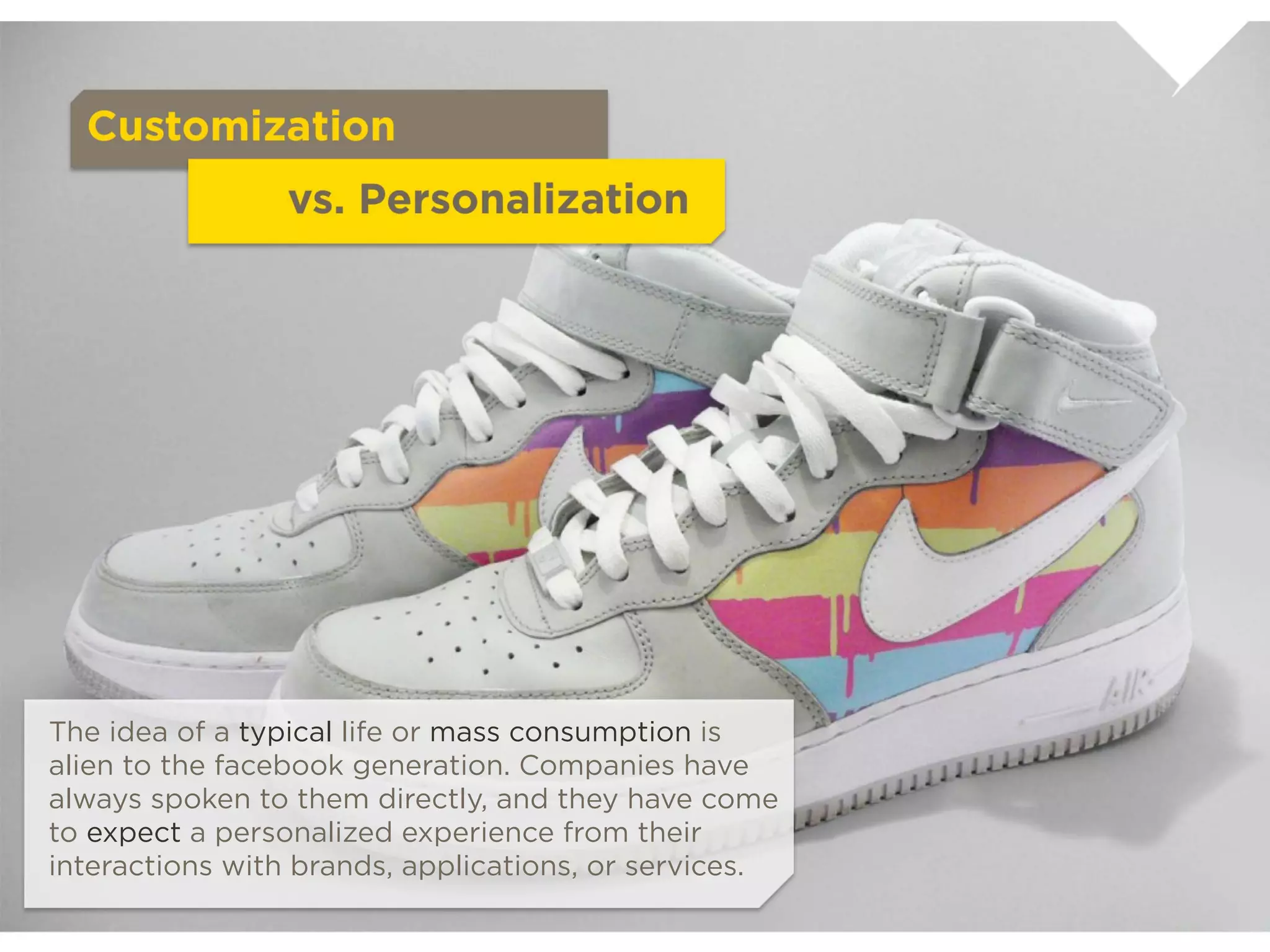 Customization
                       vs. Personalization


The idea of a typical life or mass consumption is
alien to the facebook generation. Companies
have always spoken to them directly, and they
have come to expect a personalized experience
from their interactions with brands, applications,
or services.
 