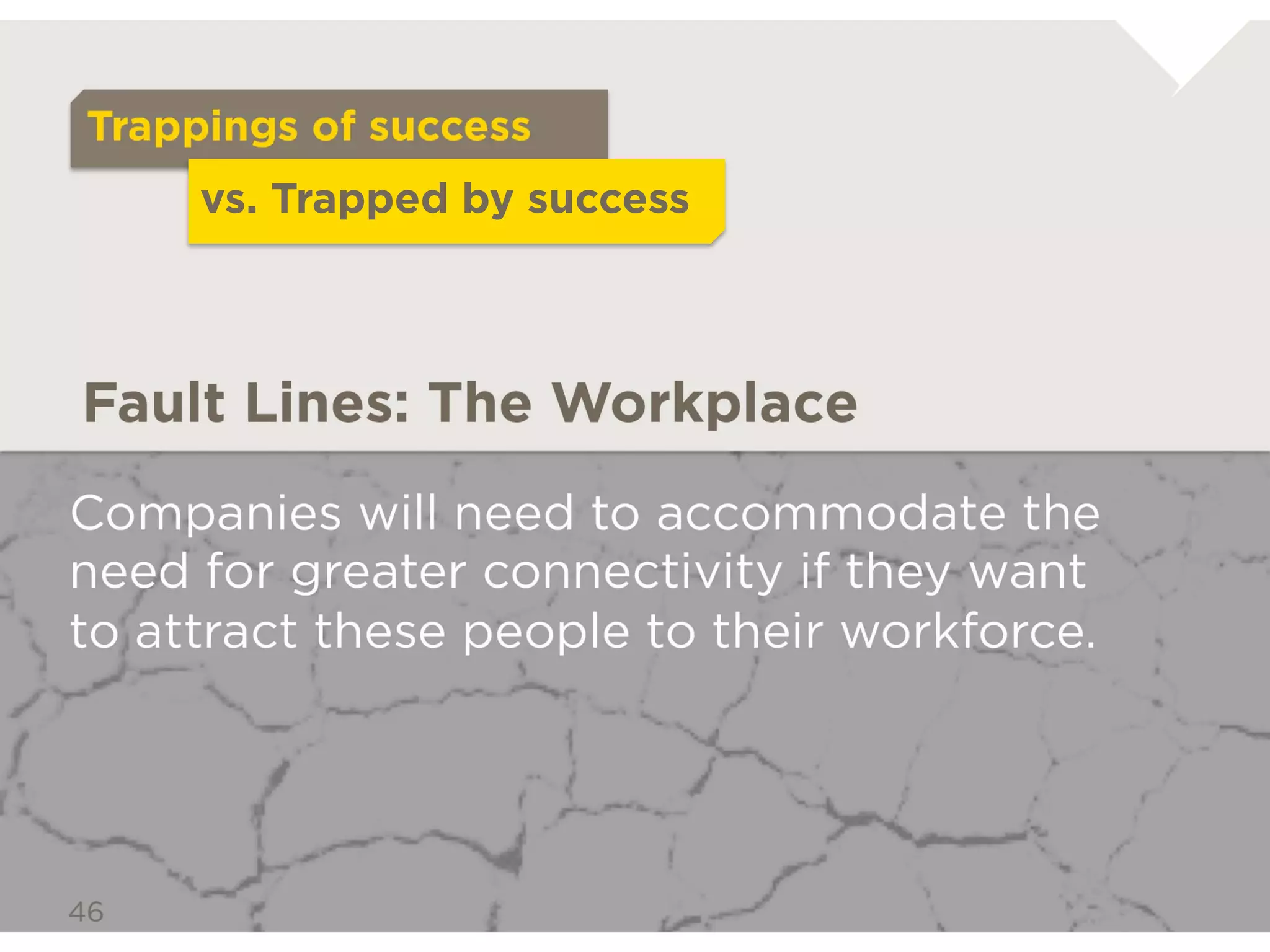 Trappings of success
         vs. Trapped by success



Fault Lines: The Workplace

Companies will need to accommodate
the need for greater connectivity if
they want to attract these people to
their workforce.
 