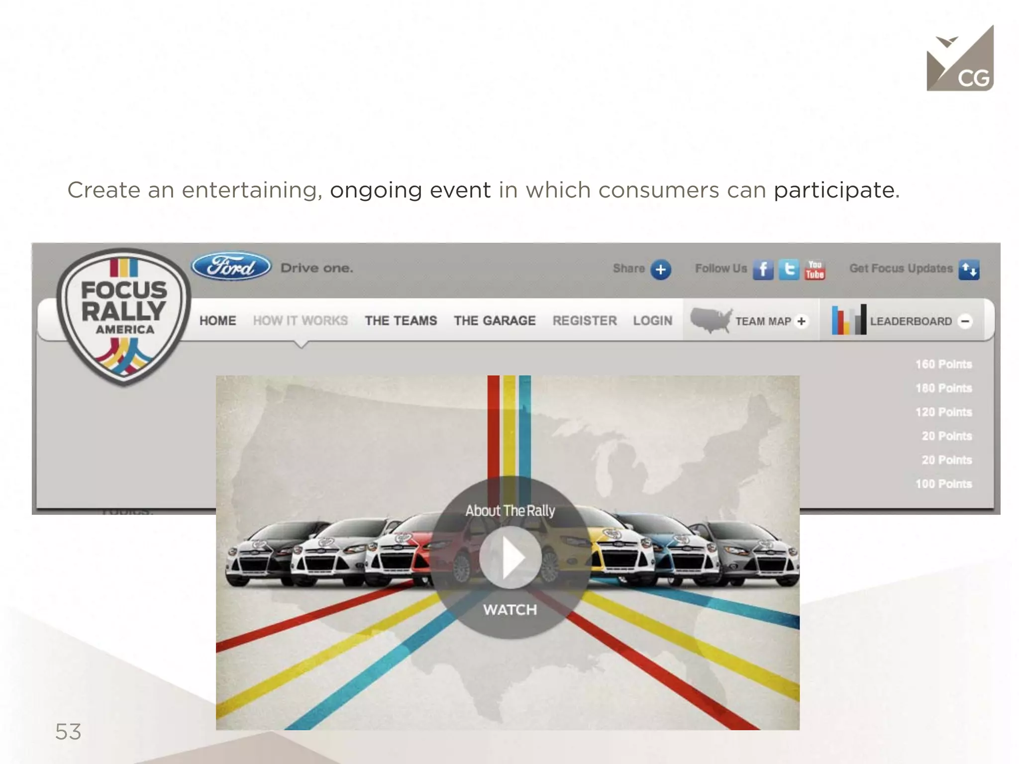Create an entertaining, ongoing event in which consumers can participate.
 