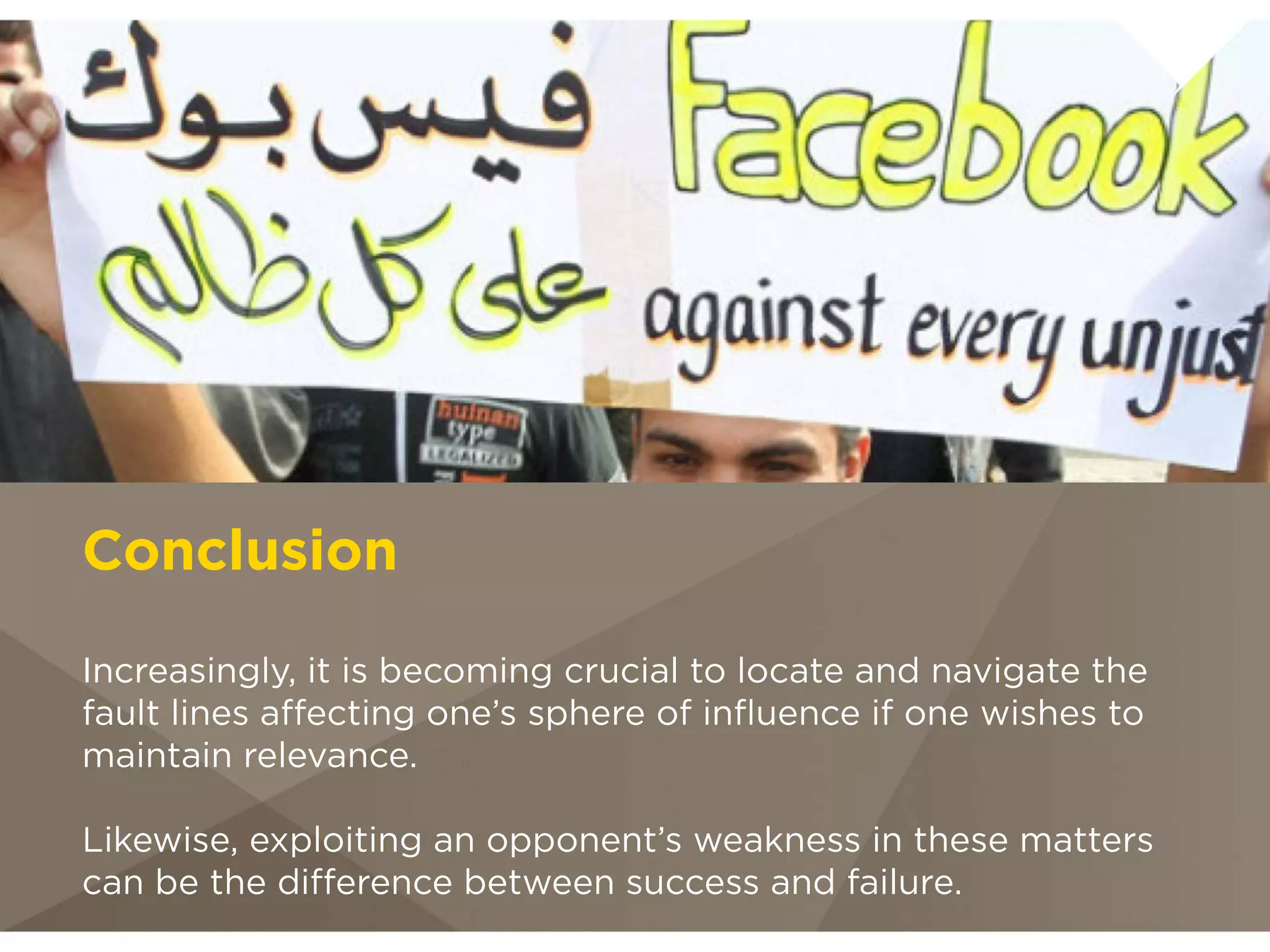Conclusion

Increasingly, it is becoming crucial to locate and navigate
the fault lines affecting one’s sphere of inﬂuence if one
wishes to maintain relevance.

Likewise, exploiting an opponent’s weakness in these
matters can be the difference between success and failure.
 