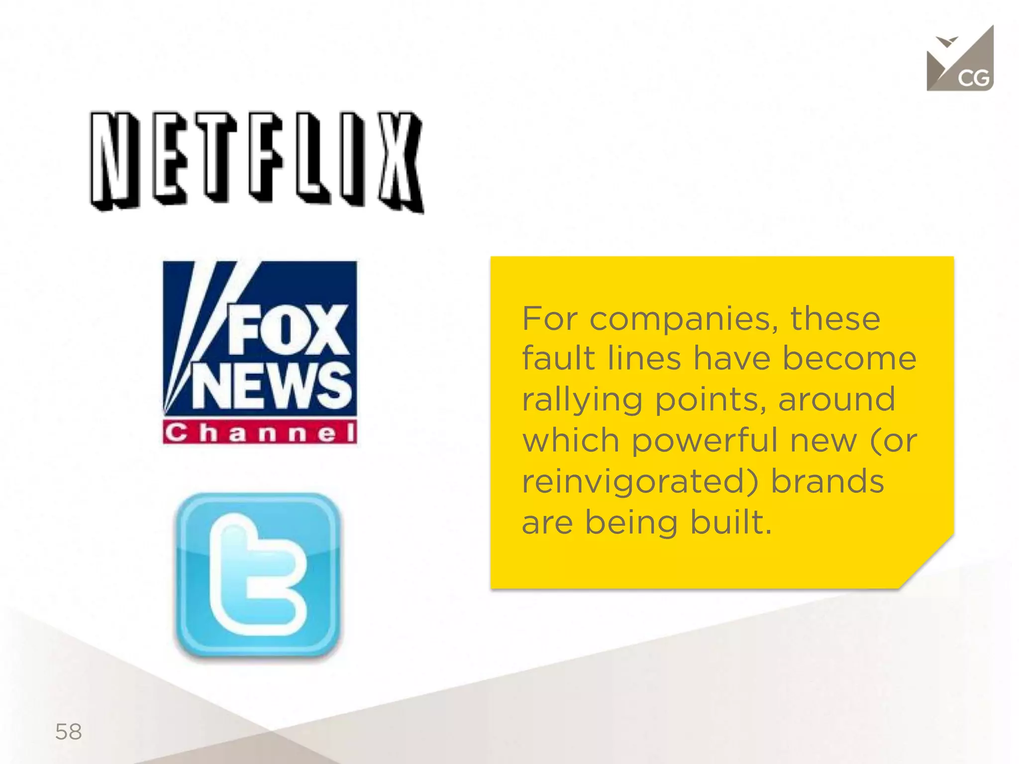 For companies, these fault lines have
become rallying points, around which
powerful new (or reinvigorated)
brands are being built.
 