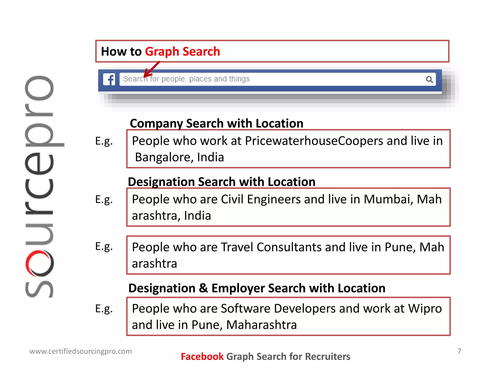 How to Graph Search
www.certifiedsourcingpro.com 7
People who are Civil Engineers and live in Mumbai, Mah
arashtra, India
E.g.
People who are Travel Consultants and live in Pune, Mah
arashtra
E.g.
People who are Software Developers and work at Wipro
and live in Pune, Maharashtra
E.g.
People who work at PricewaterhouseCoopers and live in
Bangalore, India
E.g.
Company Search with Location
Designation Search with Location
Facebook Graph Search for Recruiters
Designation & Employer Search with Location
 