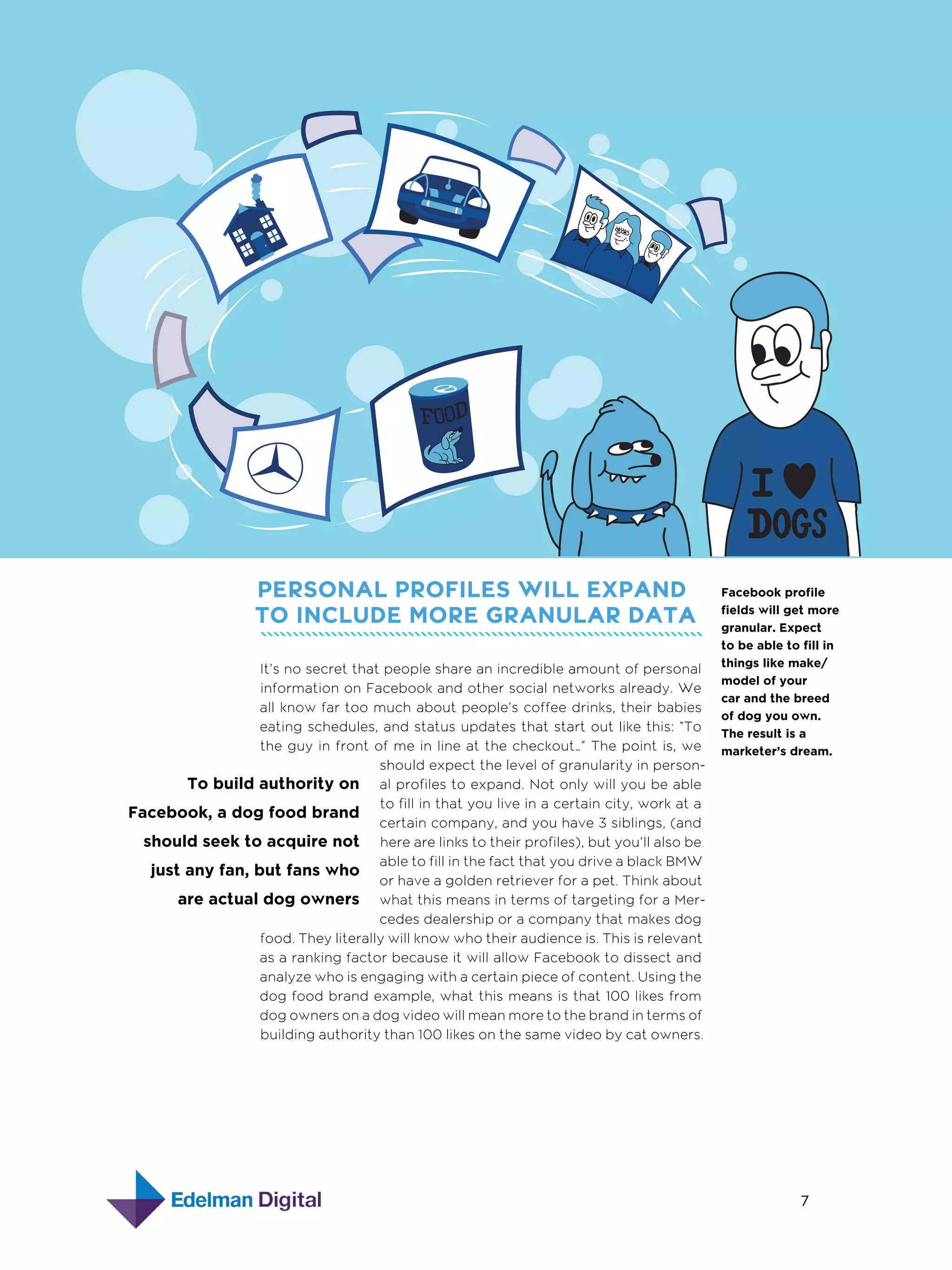 Personal Profiles Will Expand
to Include More Granular Data
It’s no secret that people share an incredible amount of personal
information on Facebook and other social networks already. We
all know far too much about people’s coffee drinks, their babies
eating schedules, and status updates that start out like this: “To
the guy in front of me in line at the checkout…” The point is, we
should expect the level of granularity in personTo build authority on al profiles to expand. Not only will you be able
to fill in that you live in a certain city, work at a
Facebook, a dog food brand
certain company, and you have 3 siblings, (and
should seek to acquire not here are links to their profiles), but you’ll also be
able to fill in the fact that you drive a black BMW
just any fan, but fans who
or have a golden retriever for a pet. Think about
are actual dog owners what this means in terms of targeting for a Mercedes dealership or a company that makes dog
food. They literally will know who their audience is. This is relevant
as a ranking factor because it will allow Facebook to dissect and
analyze who is engaging with a certain piece of content. Using the
dog food brand example, what this means is that 100 likes from
dog owners on a dog video will mean more to the brand in terms of
building authority than 100 likes on the same video by cat owners.

Facebook profile
fields will get more
granular. Expect
to be able to fill in
things like make/
model of your
car and the breed
of dog you own.
The result is a
marketer’s dream.

7

 