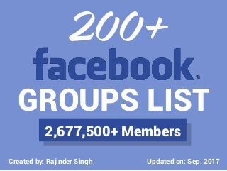 Updated on: Sep. 2017
GROUPS LIST
200+
2,677,500+ Members
Created by: Rajinder Singh
 