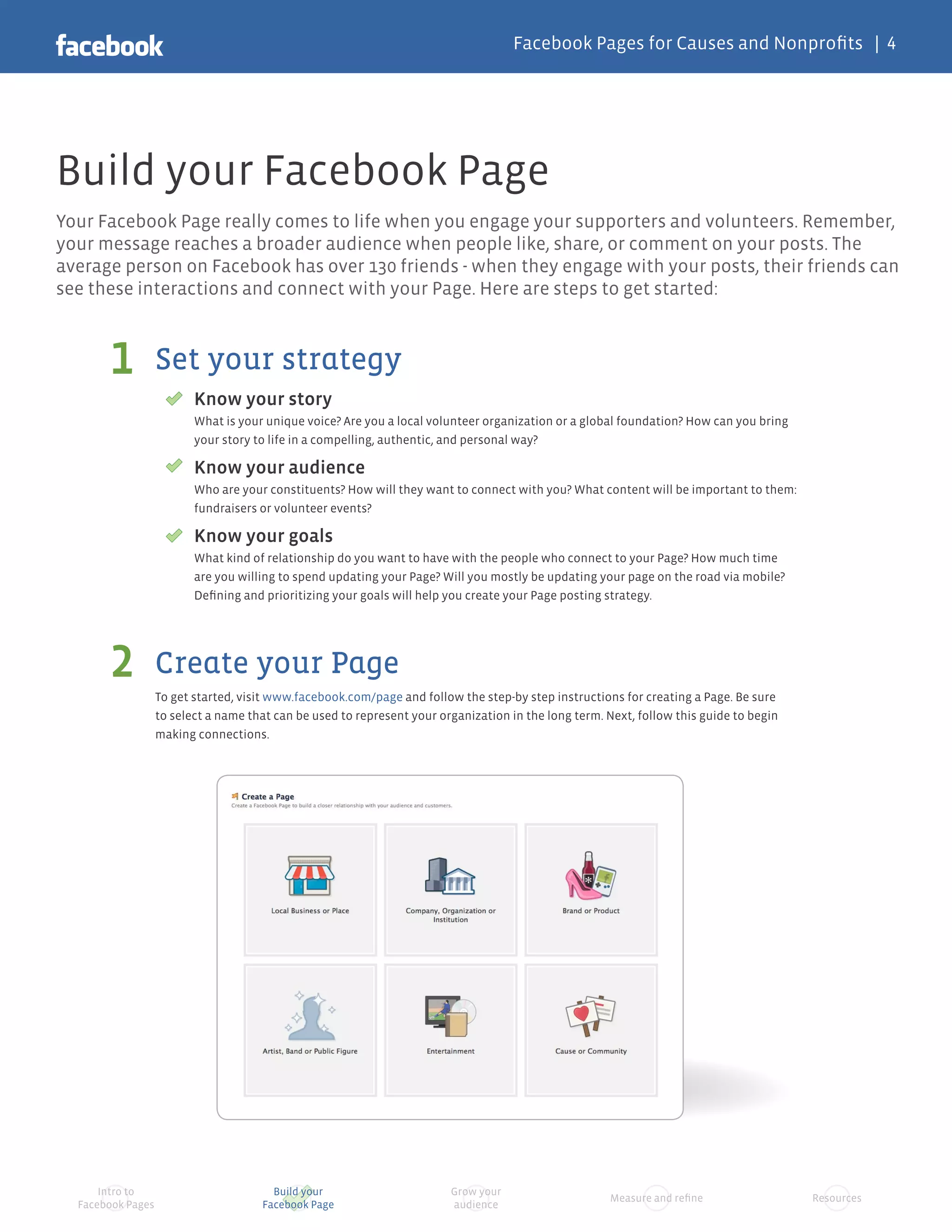 Facebook Pages for Causes and Nonprofits | 4




Build your Facebook Page
Your Facebook Page really comes to life when you engage your supporters and volunteers. Remember,
your message reaches a broader audience when people like, share, or comment on your posts. The
average person on Facebook has over 130 friends - when they engage with your posts, their friends can
see these interactions and connect with your Page. Here are steps to get started:



       1           Set your strategy
                          Know your story
                          What is your unique voice? Are you a local volunteer organization or a global foundation? How can you bring
                          your story to life in a compelling, authentic, and personal way?

                          Know your audience
                          Who are your constituents? How will they want to connect with you? What content will be important to them:
                          fundraisers or volunteer events?

                          Know your goals
                          What kind of relationship do you want to have with the people who connect to your Page? How much time
                          are you willing to spend updating your Page? Will you mostly be updating your page on the road via mobile?
                          Defining and prioritizing your goals will help you create your Page posting strategy.




       2           Create your Page
                   To get started, visit www.facebook.com/page and follow the step-by step instructions for creating a Page. Be sure
                   to select a name that can be used to represent your organization in the long term. Next, follow this guide to begin
                   making connections.




      Intro to                          Build your                       Grow your
                                                                                                      Measure and refine                 Resources
  Facebook Pages                      Facebook Page                      audience
 