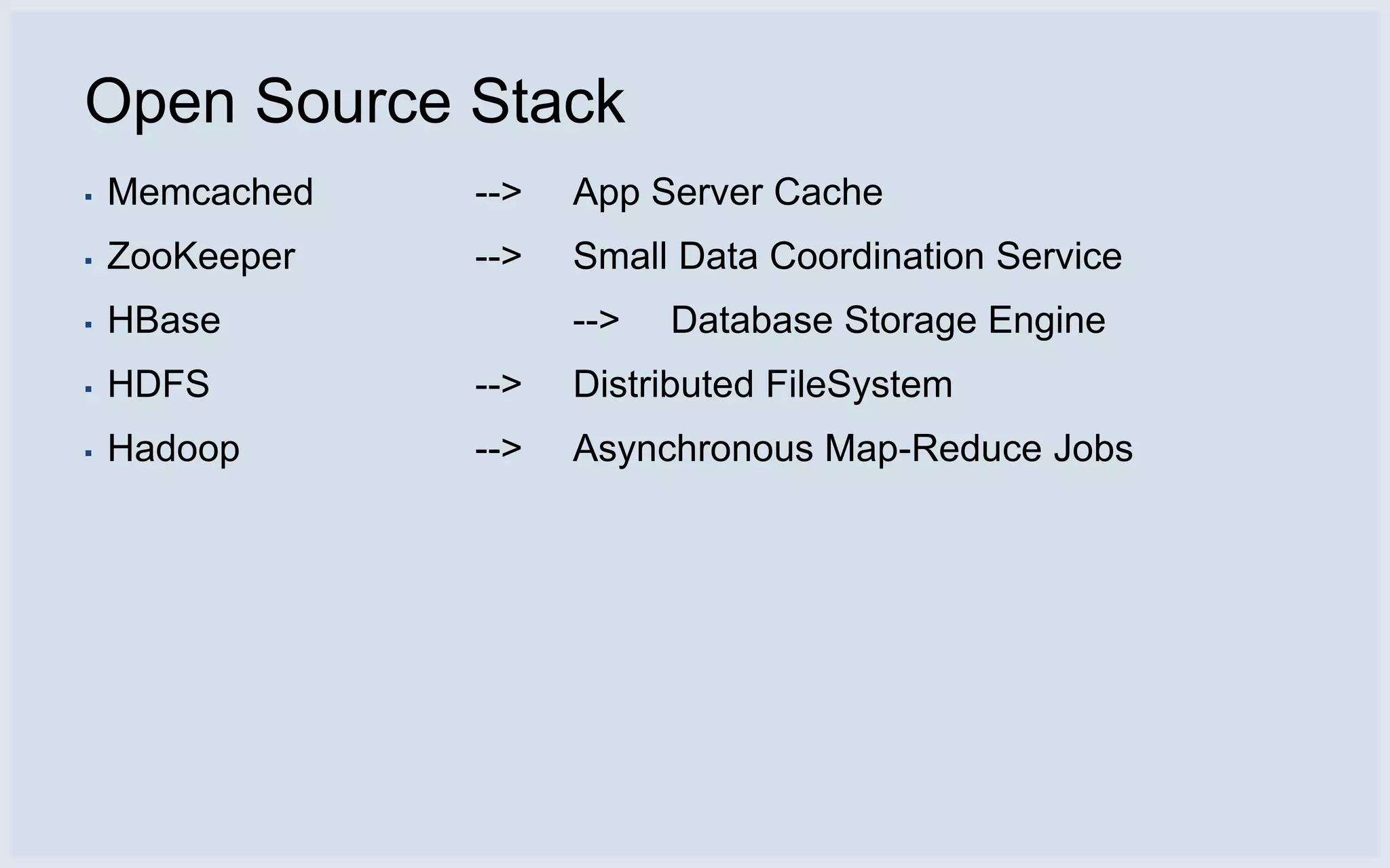 Open Source Stack
▪   Memcached   -->   App Server Cache
▪   ZooKeeper   -->   Small Data Coordination Service
▪   HBase             -->   Database Storage Engine
▪   HDFS        -->   Distributed FileSystem
▪   Hadoop      -->   Asynchronous Map-Reduce Jobs
 
