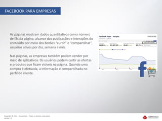 FACEBOOK PARA EMPRESAS




       As páginas mostram dados quantitativos como número
       de fãs da página, alcance das publicações e interações do
       conteúdo por meio dos botões “curtir” e “compartilhar”,
       usuários ativos por dia, semana e mês.

       Nas páginas, as empresas também podem vender por
       meio de aplicativos. Os usuários podem curtir as ofertas
       e produtos que ficam visíveis na página. Quando uma
       compra é efetuada, a informação é compartilhada no
       perfil do cliente.




Copyright © 2012 – Humantech – Todos os direitos reservados
Versão 1.1
 