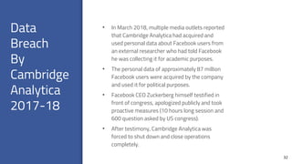 Data
Breach
By
Cambridge
Analytica
2017-18
32
• In March 2018, multiple media outlets reported
that Cambridge Analytica had acquired and
used personal data about Facebook users from
an external researcher who had told Facebook
he was collecting it for academic purposes.
• The personal data of approximately 87 million
Facebook users were acquired by the company
and used it for political purposes.
• Facebook CEO Zuckerberg himself testified in
front of congress, apologized publicly and took
proactive measures (10 hours long session and
600 question asked by US congress).
• After testimony, Cambridge Analytica was
forced to shut down and close operations
completely.
 